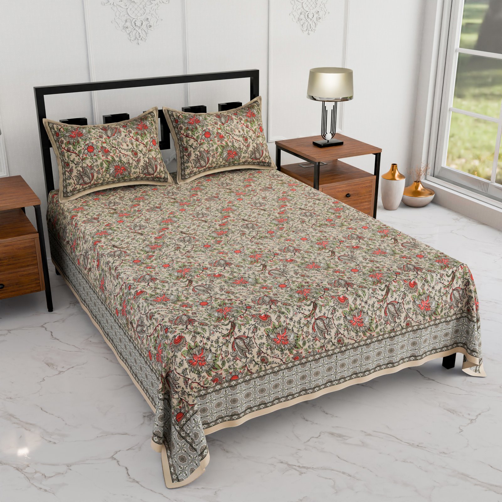 Premium Double Bed Sheet – Floral Hand Block Style Print (Beige, Olive Green & Red)