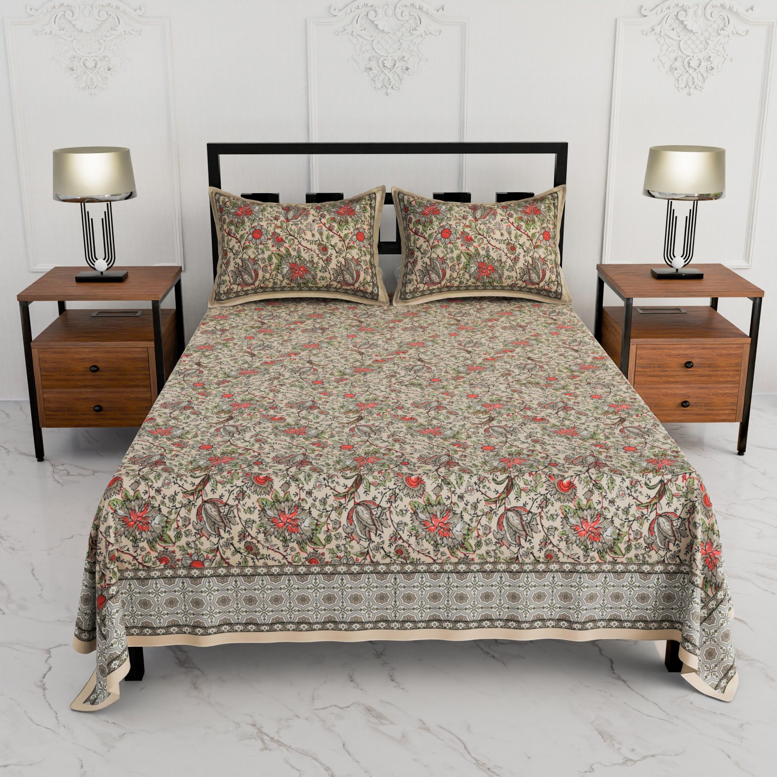 Premium Double Bed Sheet – Floral Hand Block Style Print (Beige, Olive Green & Red) - Image 2