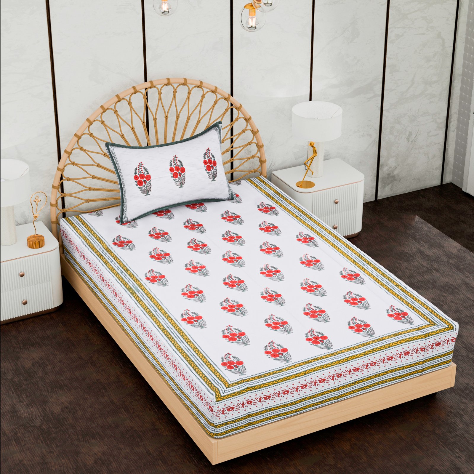 Premium Single Bed Sheet – Floral Hand Block Style Print - Image 3