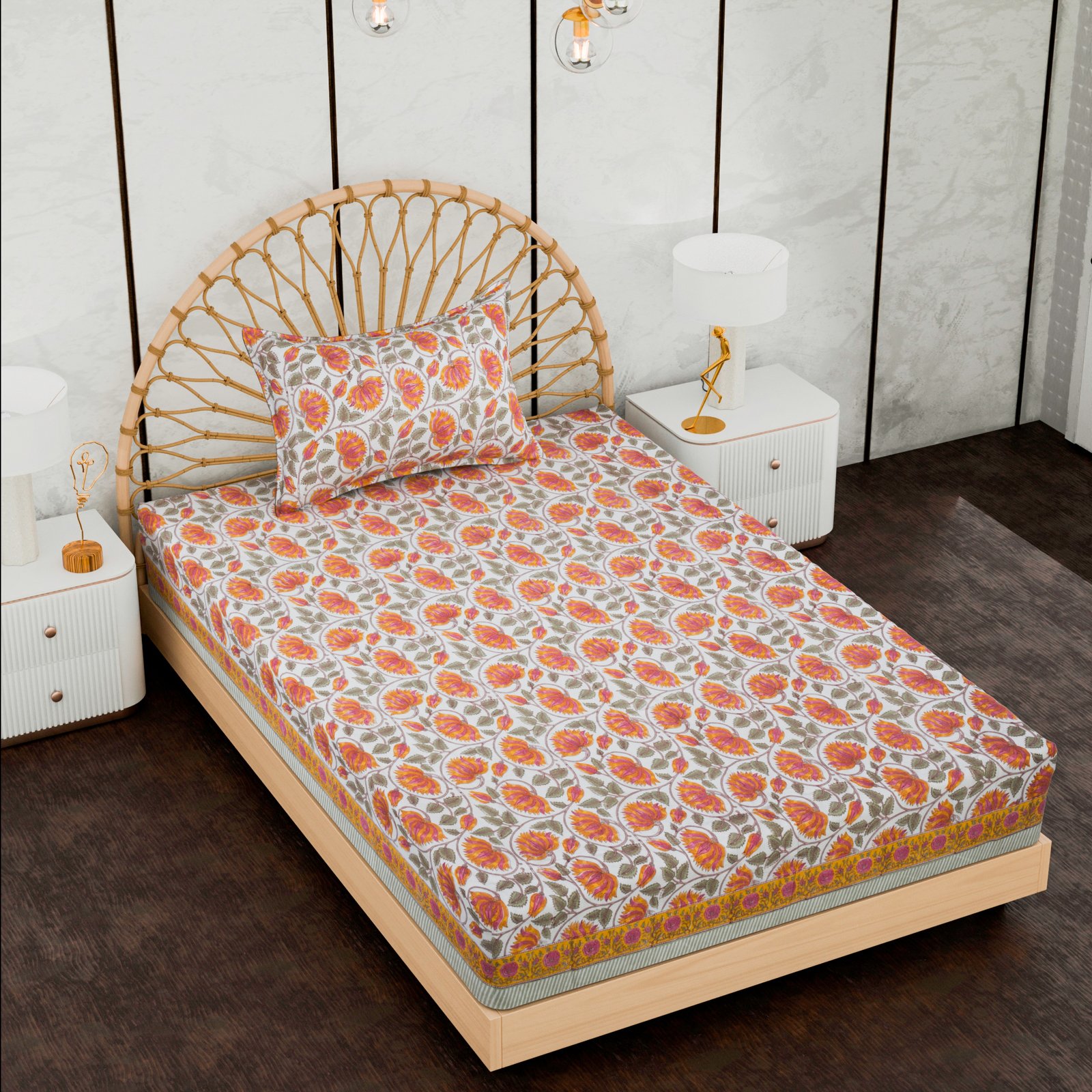Premium Single Bed Sheet – Floral Hand Block Style Print (Cream, Orange & Pink) - Image 3