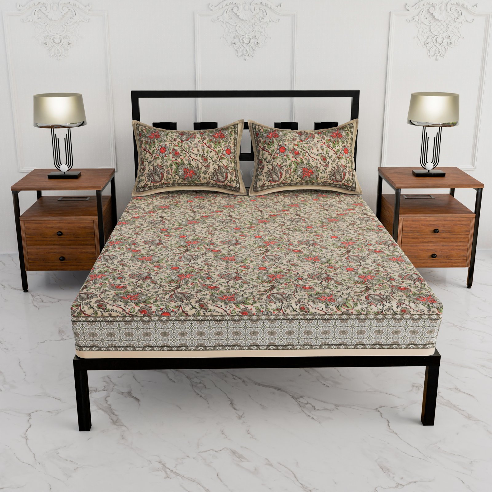 Premium Double Bed Sheet – Floral Hand Block Style Print (Beige, Olive Green & Red) - Image 3
