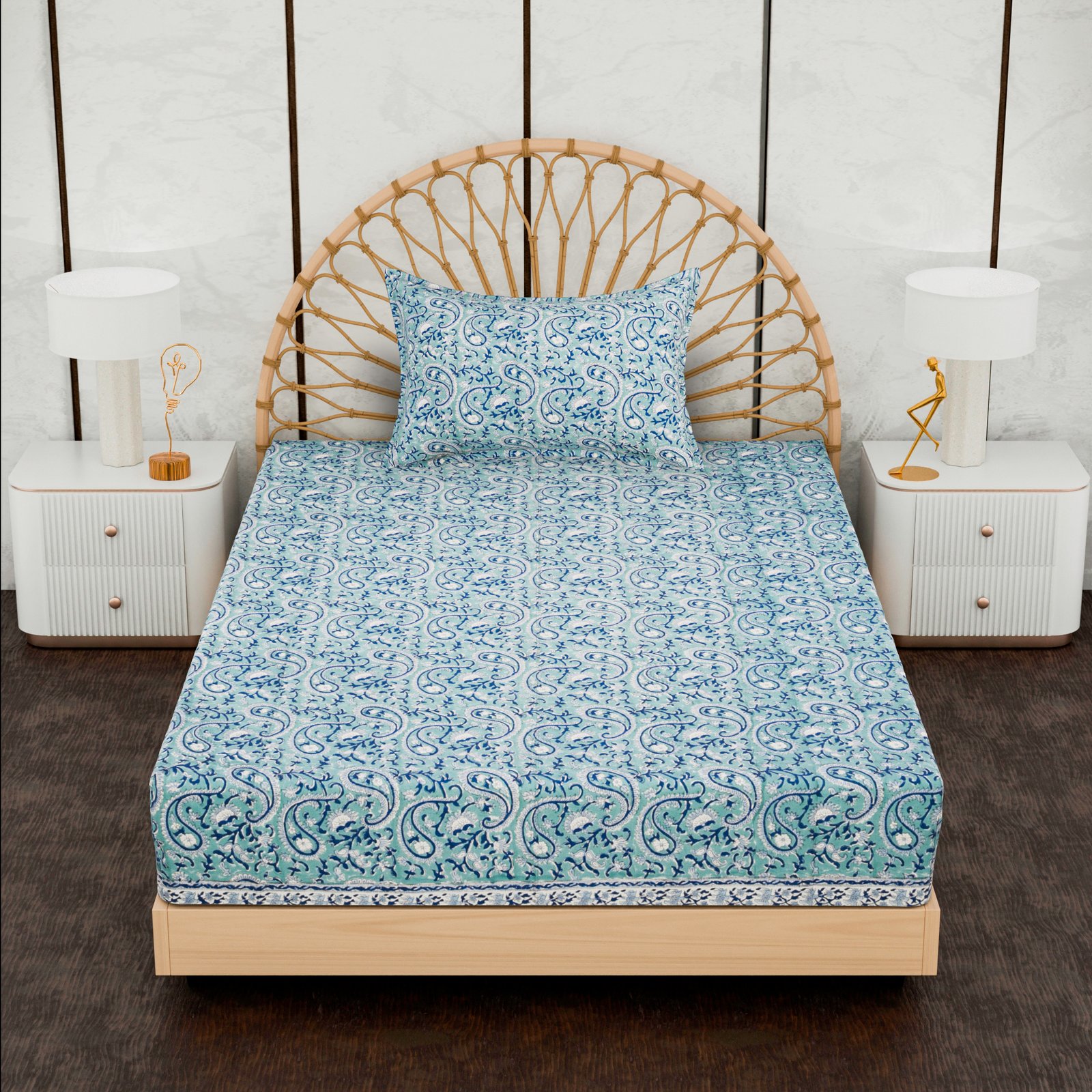 Premium Single Bed Sheet – Elegant Paisley Hand Block Style Print - Image 4