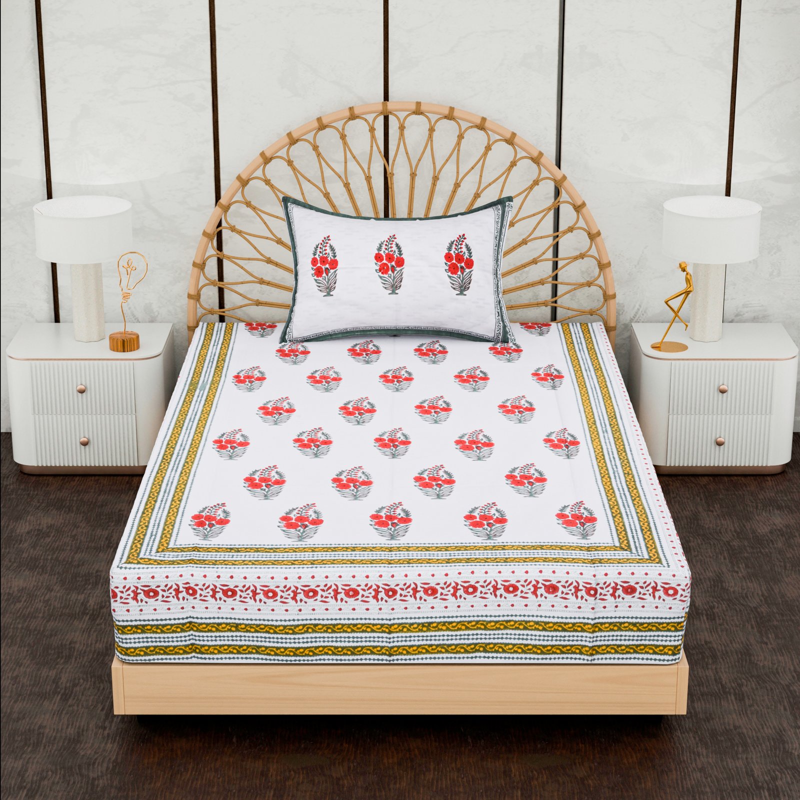 Premium Single Bed Sheet – Floral Hand Block Style Print - Image 4