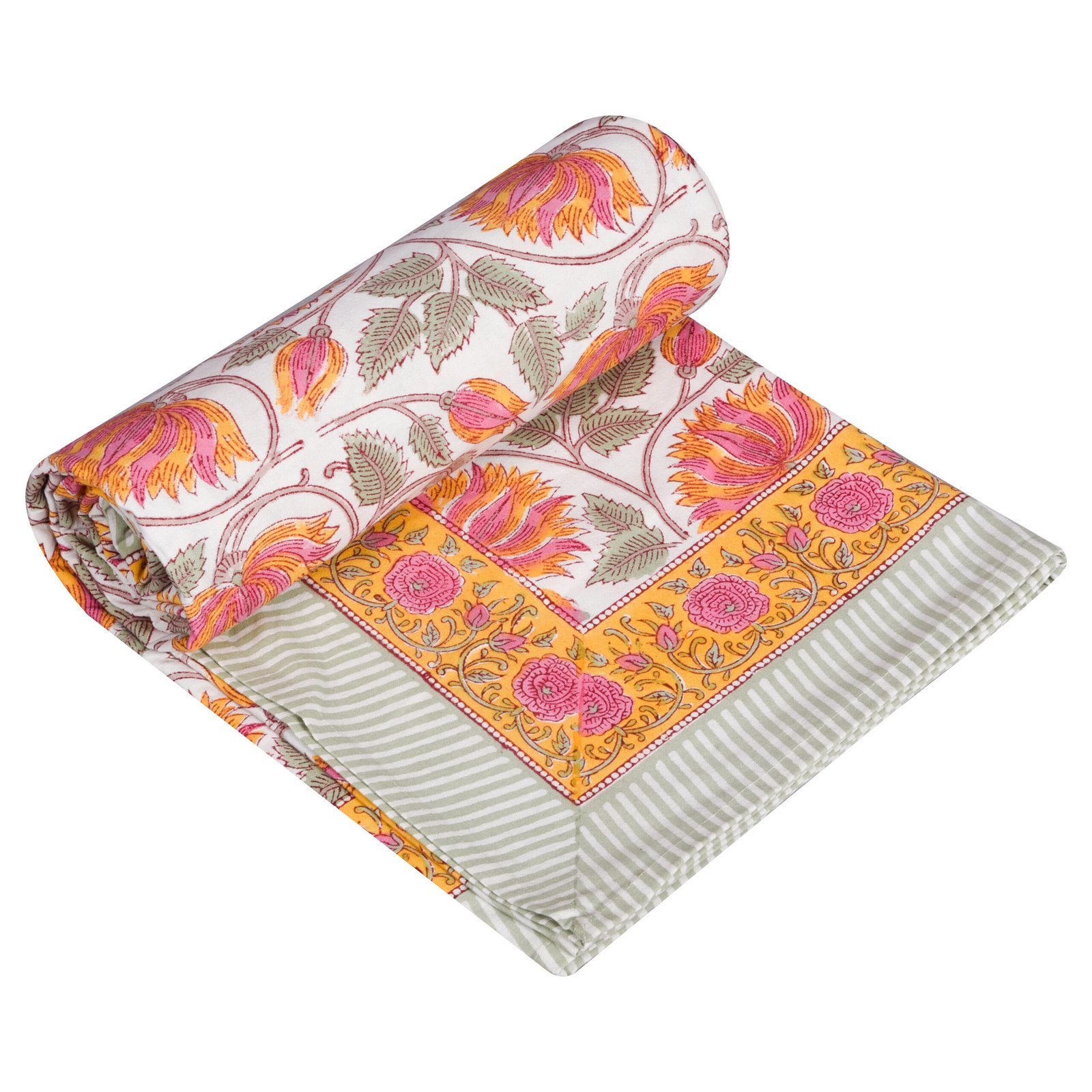 Premium Single Bed Sheet – Floral Hand Block Style Print (Cream, Orange & Pink) - Image 4