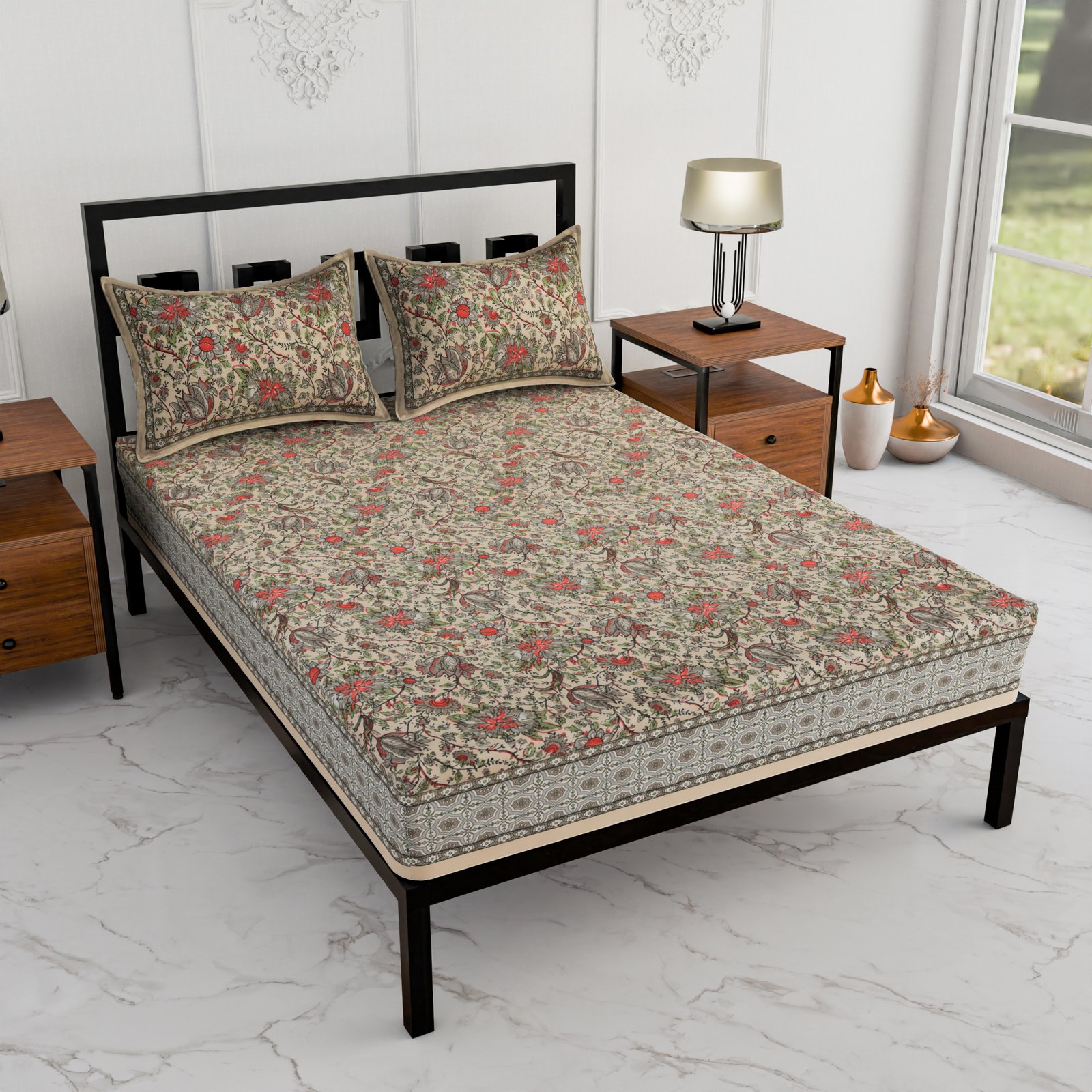 Premium Double Bed Sheet – Floral Hand Block Style Print (Beige, Olive Green & Red) - Image 4