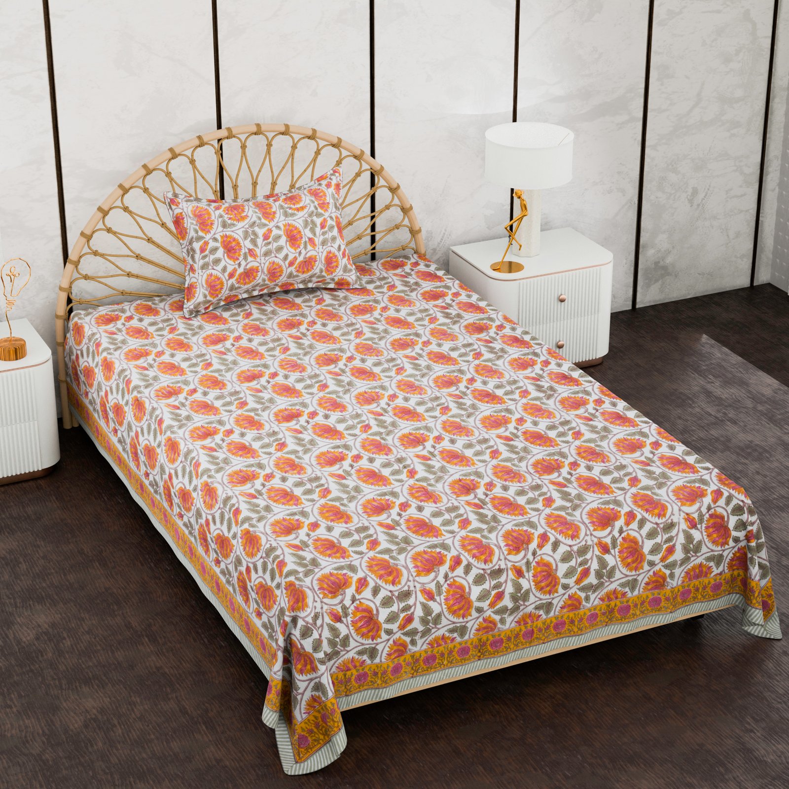Premium Single Bed Sheet – Floral Hand Block Style Print (Cream, Orange & Pink)