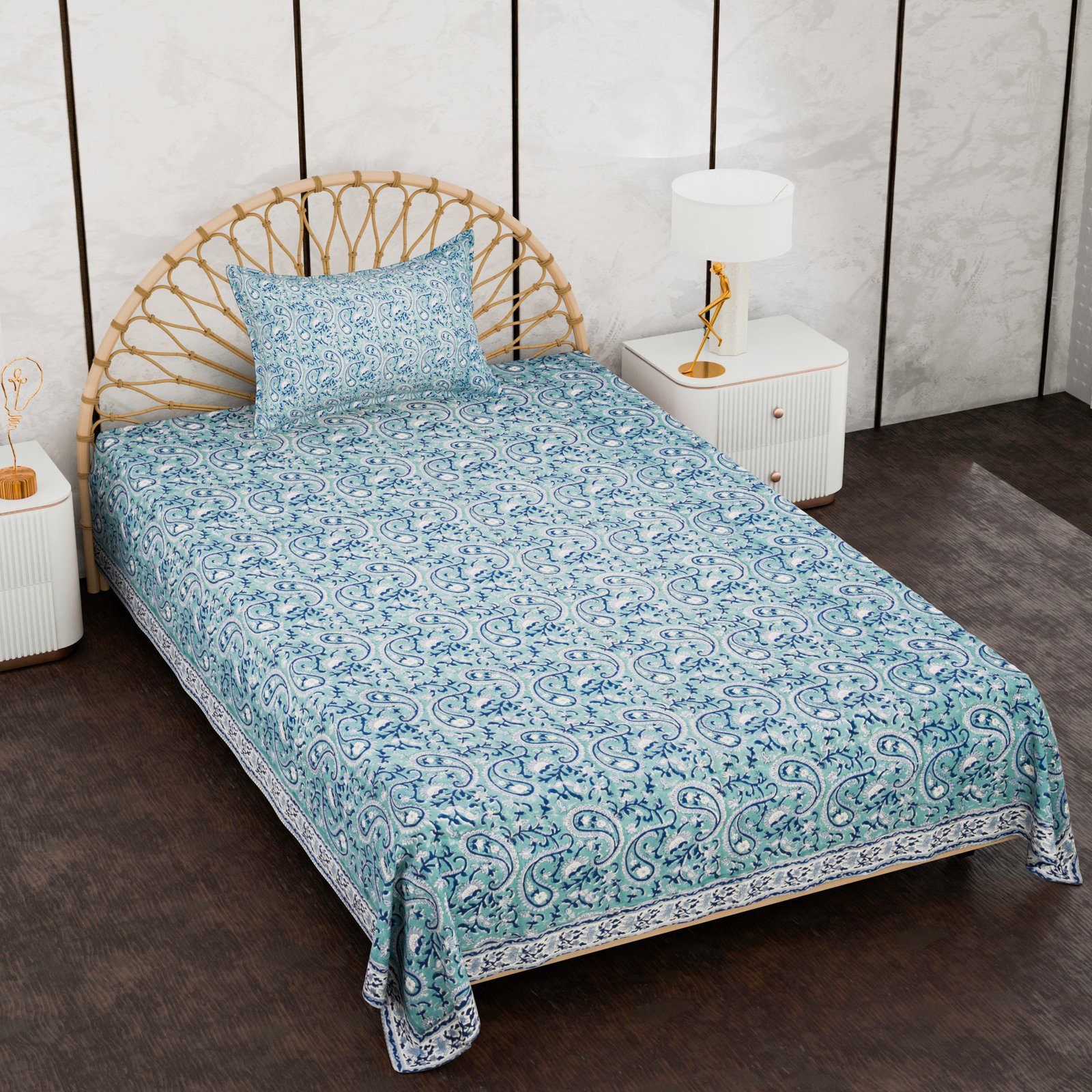 Premium Single Bed Sheet – Elegant Paisley Hand Block Style Print