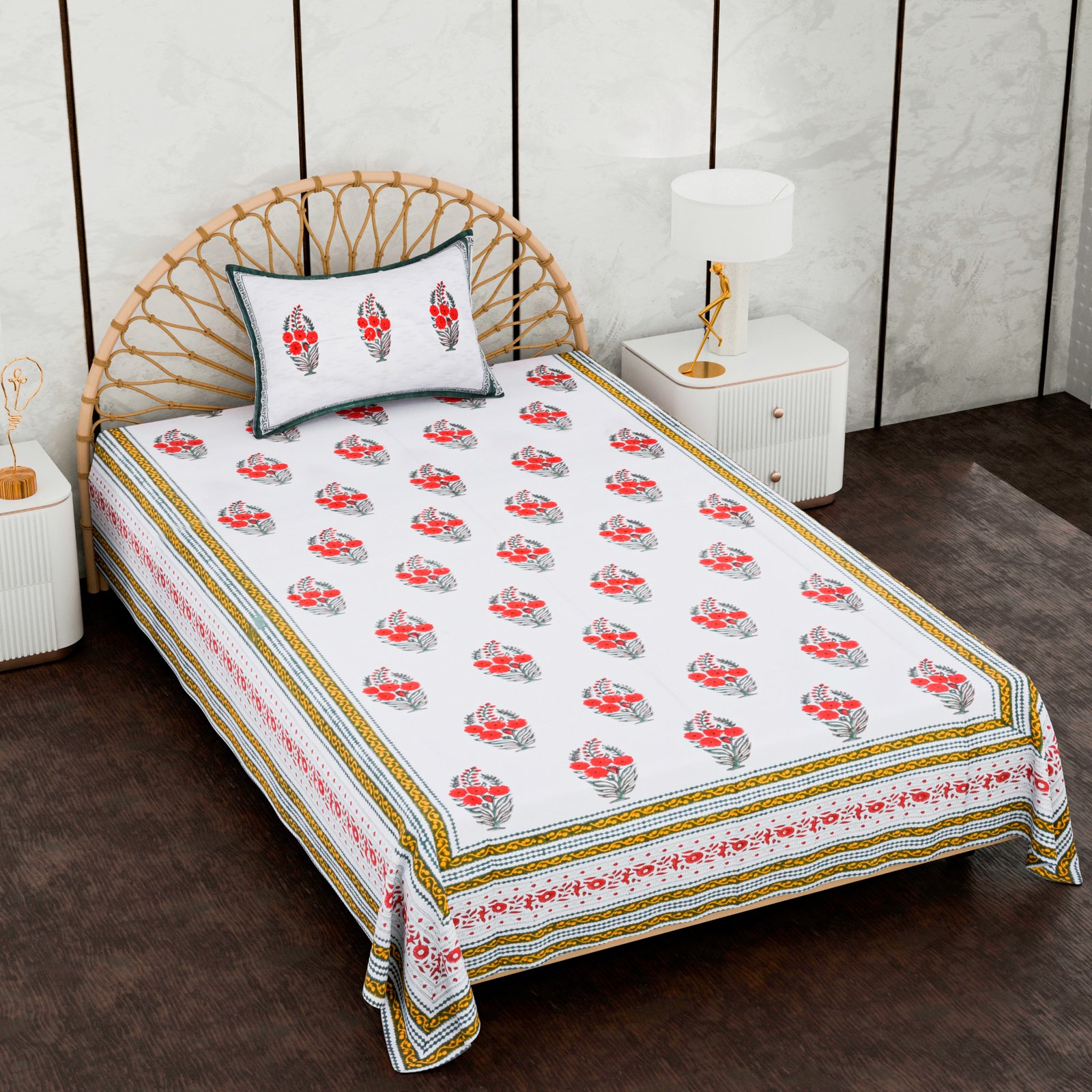 Premium Single Bed Sheet – Floral Hand Block Style Print